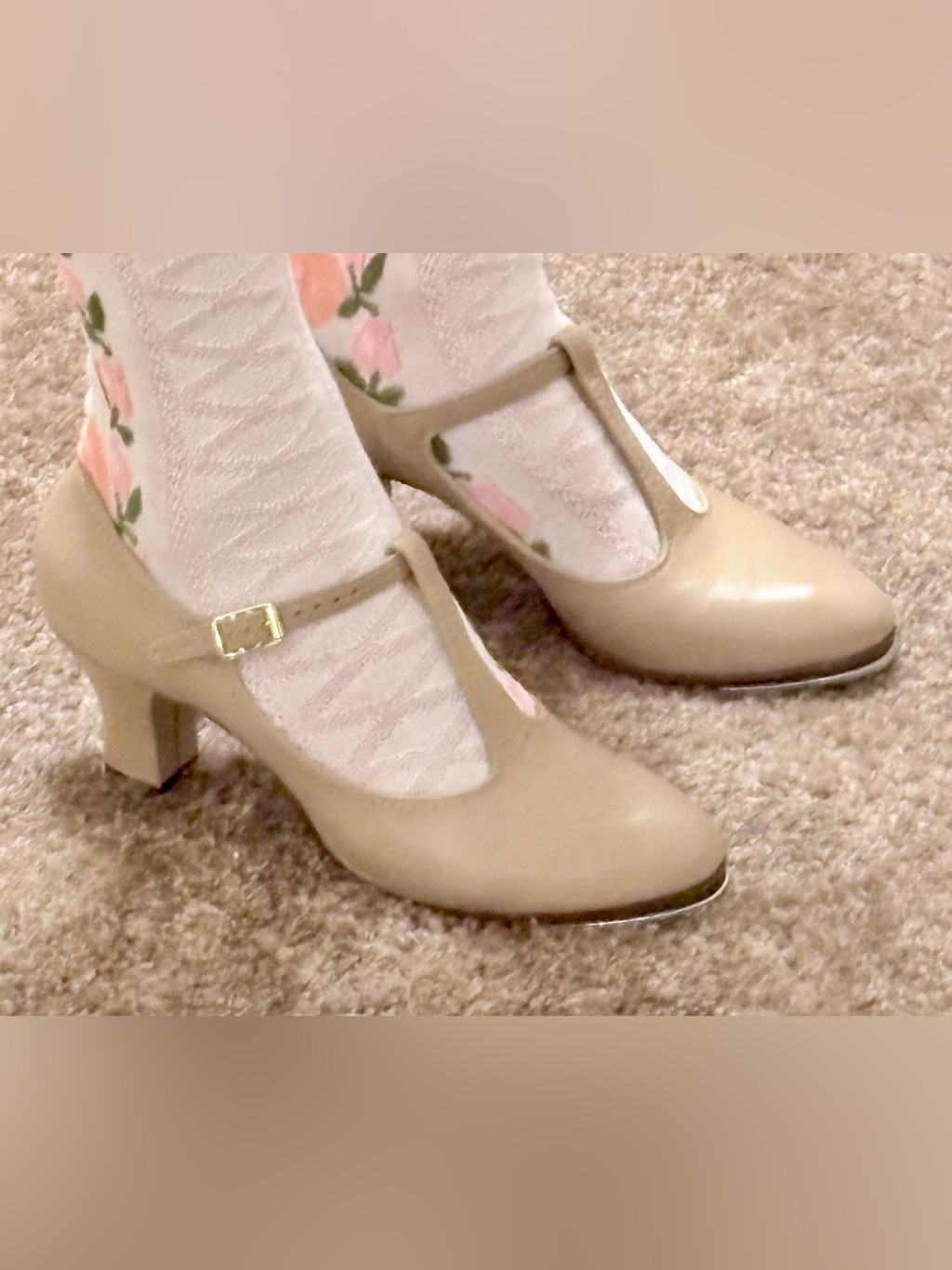 Vintage Capezio 700 T Strap 2” Tan Character Shoes W/ Tele Tone Taps Sz 7 1/2 M